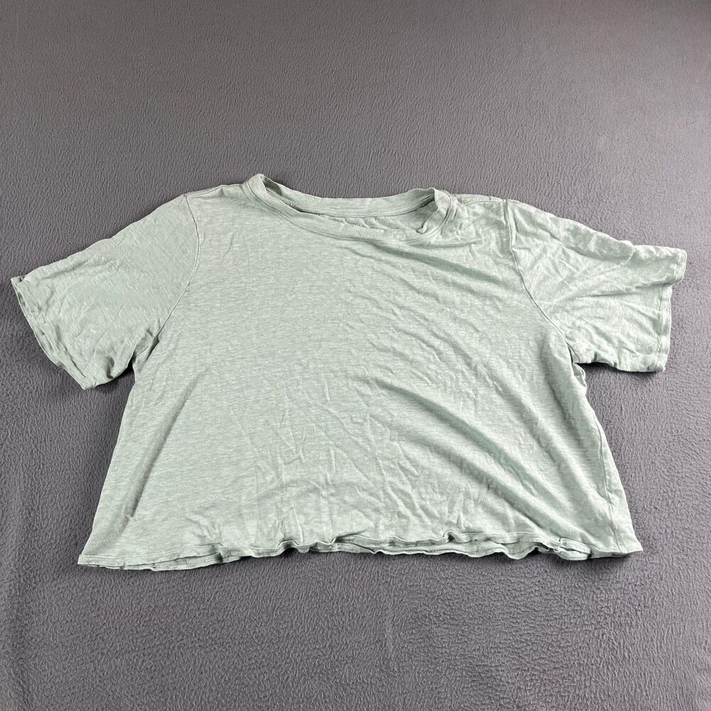 Eileen Fisher Shirt Womens Large Green Linen Short Sleeve Cropped Ruffle Hem
